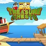 Piratskip ved en brygge med en skattekiste og palmer i bakgrunnen, blå himmel og hav