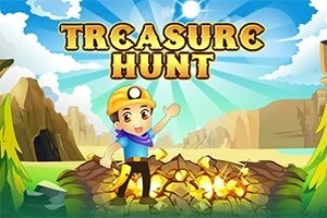 En illustrasjon av en glad figur i en gul hjelm som står foran en haug med skinnende gull under en blå himmel med teksten Treasure Hunt i bakgrunnen