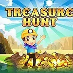 En illustrasjon av en glad figur i en gul hjelm som står foran en haug med skinnende gull under en blå himmel med teksten Treasure Hunt i bakgrunnen