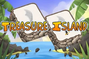 Tittelbokstaver Treasure Island over en illustrasjon av en tropisk strand med palmer og hav