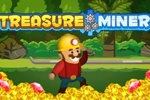 En tegnet karakter med gul hjelm står blant gullklumper og edelstener, med skog i bakgrunnen, under teksten Treasure Miner