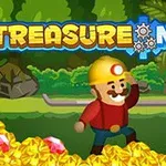En tegnet karakter med gul hjelm står blant gullklumper og edelstener, med skog i bakgrunnen, under teksten Treasure Miner