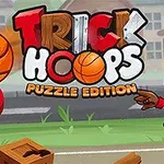 En tegneseriefigur kaster en basketball mot en kurv med teksten Trick Hoops Puzzle Edition i bakgrunnen