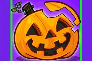 En smilende jack-o-lantern med et manglende toppstykke, plassert mot en lilla bakgrunn