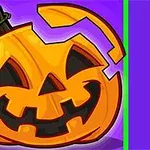 En smilende jack-o-lantern med et manglende toppstykke, plassert mot en lilla bakgrunn