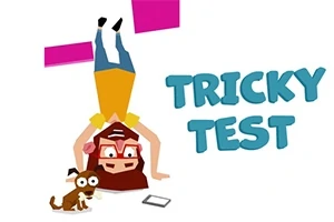 En tegneseriefigur står på hodet ved siden av en hund og en smarttelefon, med teksten Tricky Test ved siden av