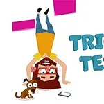En tegneseriefigur står på hodet ved siden av en hund og en smarttelefon, med teksten Tricky Test ved siden av
