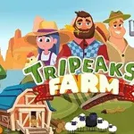 Tegneserieillustrasjon av tre personer på en gård med husdyr, landbruksutstyr og teksten Tripeaks Farm i forgrunnen