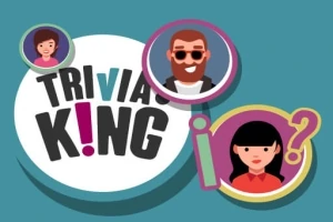 Tegning av tre animerte figurer i fargerike rammer med teksten Trivia King i bakgrunnen