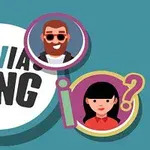 Tegning av tre animerte figurer i fargerike rammer med teksten Trivia King i bakgrunnen