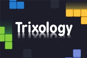 Teksten Trixology står med speilvendt refleksjon omgitt av fargerike blokkfigurer på en mørk bakgrunn