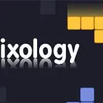 Teksten Trixology står med speilvendt refleksjon omgitt av fargerike blokkfigurer på en mørk bakgrunn