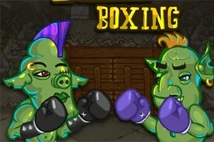 To grønne monsteraktige figurer med fargerik mohawk og boksehansker står klare foran en trevegg i en mørk bakgrunn med teksten BOXING over dem