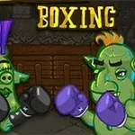 To grønne monsteraktige figurer med fargerik mohawk og boksehansker står klare foran en trevegg i en mørk bakgrunn med teksten BOXING over dem