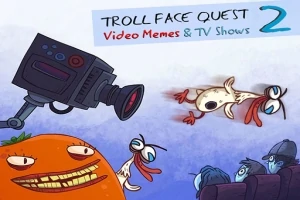 En animerte figur med stort grin, et flygende dyr med et forvrengt ansikt, et videokamera, og flere figurer i publikum