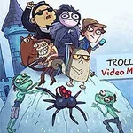 En gruppe stiliserte karakterer står på en islagt topp foran et slott, med teksten Troll Face Quest: Video Memes & TV Shows ved siden av