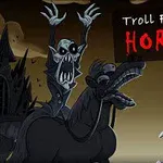 En komisk, skrekkinspirert tegning med skjelettaktig figur på hest og en trollaktig person som smiler lurt i forgrunnen