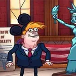 Tegneseriefigur står med amerikansk flagg ved siden av Frihetsgudinnen med ansiktstrekk i tegneseriestil, mens to andre figurer observerer