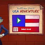 En tegneseriefigur med flosshatt står ved siden av en plakat med teksten USA Adventure og en grønn play-knapp