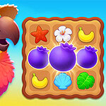 Tropical Match 2 En fargerik papegøye med en stråhatt står ved siden av et brett med frukt og blomster