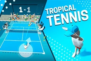 Tennisbane med karakterer som spiller, tilskuere i bakgrunnen, og teksten Tropical Tennis på en blå bakgrunn