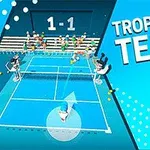Tennisbane med karakterer som spiller, tilskuere i bakgrunnen, og teksten Tropical Tennis på en blå bakgrunn