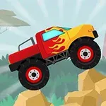 En rød og gul monstertruck med flammedesign kjører over steiner i et tegneserielandskap