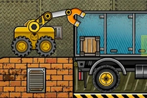 Truck Loader 4 En gul kranbil laster en trekasse på en lastebil
