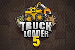 En illustrasjon med en gul gravemaskin, en kasse og en tønne, med teksten TRUCK LOADER 5 i midten