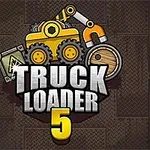 En illustrasjon med en gul gravemaskin, en kasse og en tønne, med teksten TRUCK LOADER 5 i midten