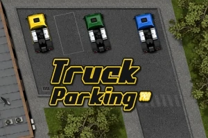 Tre parkerte lastebiler i fargene gul, grønn og blå sett ovenfra, med teksten Truck Parking i forgrunnen