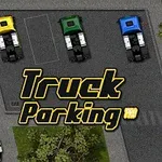 Tre parkerte lastebiler i fargene gul, grønn og blå sett ovenfra, med teksten Truck Parking i forgrunnen