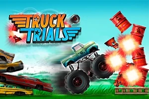 Monstertruck som kjører over stablede biler og eksploderende tønner, med fargerik bakgrunn