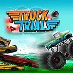 Monstertruck som kjører over stablede biler og eksploderende tønner, med fargerik bakgrunn
