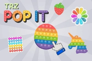 Fargerik pop it-leke med hånd som peker, omgitt av forskjellige pop it-figurer og logoer
