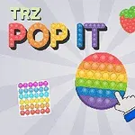 Fargerik pop it-leke med hånd som peker, omgitt av forskjellige pop it-figurer og logoer