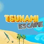 Solrik strand med palmer, parasoll, en ball, blå bølge og tekst Tsunami Escape
