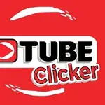 Rød bakgrunn med teksten Tube Clicker i svart og rødt, og en avspillingsknapp-ikon ved siden av