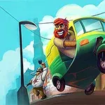 En animerte mann med rødt skjegg kjører en grønn trehjuls bil på to hjul, med en forbipasseren med bart som vinker