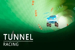 En blå bil kjører gjennom en grønn tunnel omgitt av oransje piler