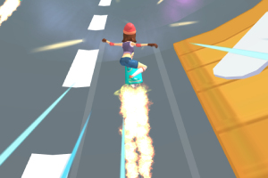 Person som svever på en flyvende skateboard med flammer bak seg, omgitt av veier og bygninger