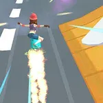 Person som svever på en flyvende skateboard med flammer bak seg, omgitt av veier og bygninger
