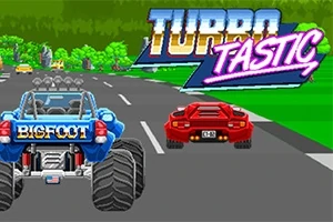 To biler kjører på en vei med store trær i bakgrunnen, og teksten Turbo Tastic vises øverst