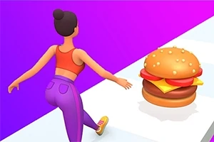 Animasjonsfigur iført sportsklær løper mot en stor hamburger på en fargerik sti