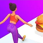 Animasjonsfigur iført sportsklær løper mot en stor hamburger på en fargerik sti