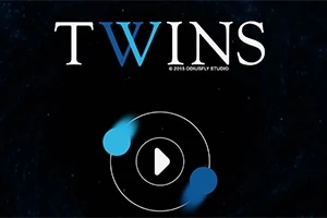 Tekst TWINS står øverst med en blå og hvit W, under er det en sirkel med et play-ikon og to blå lysende objekter i bevegelse rundt den