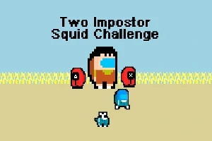 Tegneserieaktige figurer i forskjellige farger står på en sandaktig bakgrunn under teksten Two Impostor Squid Challenge