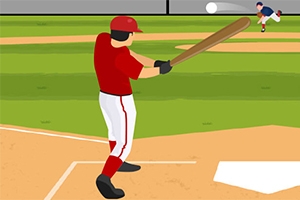 En tegning av en baseballspiller i rød drakt som står klar med balltreet mens en kaster i blå drakt sender ballen mot ham