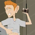 Tegnet karakter med oransje hår tar en selfie på badet med et kamera