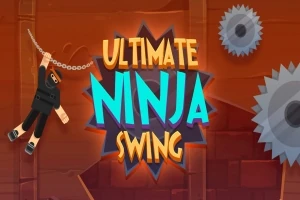 En animert figur kledd som en ninja svinger fra en kjetting foran teksten Ultimate Ninja Swing med tannhjul i bakgrunnen